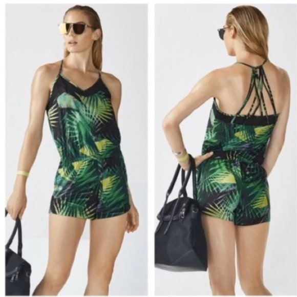 NWT Fabletics Green Black Palm Print Romper - Picture 1 of 7